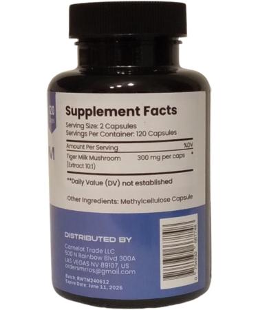 Tiger Milk Mushroom Supplement 10:1 Extract 600mg per Serving (2 Capsules) Immune Lung & Gut Support Vegan Non-GMO Gluten-Free Respiratory Wellness Energy & Focus Lab-Tested 120 Count - Buy Online on GoSupps.com