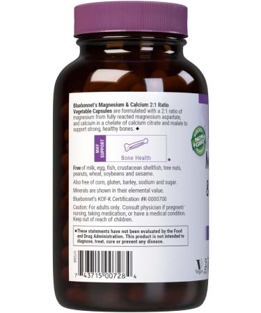 Bluebonnet Nutrition Magnesium & Calcium 2:1 Ratio Bone Health* Non-GMO Vegan Kosher Certified Gluten-Free Soy-Free Dairy-Free 180 Vegetable Capsules 60 Servings Unflavored 180 Count (Pack of 1) - Buy Online on GoSupps.com