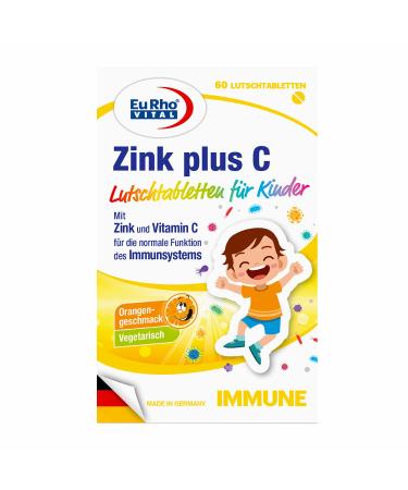 Zinc and vitamin C sucking tablets for children |Vegetarian nutritional supplement to support the immune system |Optimal for children from 4 years |Eurho Vital - Made in Germany |60 tablets orange