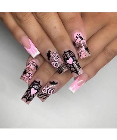24 Pcs Halloween Spuare Press on Nails Long Coffin - SHANRUN Pink French Fake Nails Press ons Nail Art Tips Glue on Nails Full Cover Acrylic False Nails with Spider Web Design Stick on Nails for Women Design L9