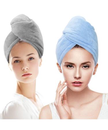 Microfiber Hair Wrap Towels for Long Hair Drying 2 Pack Blue and Gray for Women Curly Hair Anti Frizz Bule and Grey