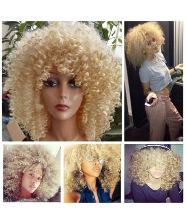 Lady Miranda Blonde Curly Wig Afro Kinky Curly Wigs with Bangs Medium Length Kinkys Curly Wig Heat Resistant Synthetic Hair Curly Blonde Wigs For Women 0-613