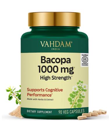 VAHDAM Bacopa Monnieri Capsules 1000mg | Supports Cognitive Performance | High Strength Made with Herbs & Extract | 90 Veg Capsules