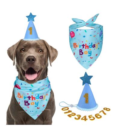Yicostar Dog Birthday Party Supplies, Dog Birthday Bandana Scarf Dog Puppy Birthday Hat with Numbers for Small Medium Large Dogs Pet Blue Birthday