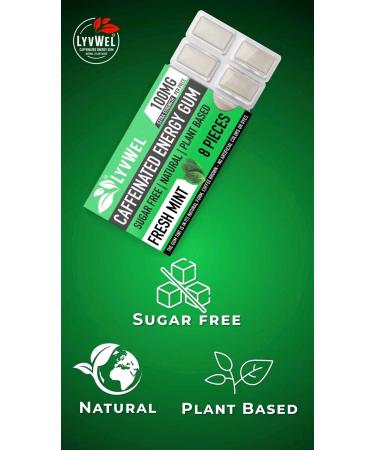 LyvWel Energy Gum - 100mg Caffeine | All Natural Sugar-Free Pre-Workout Boost (Mint) - 3 Pack Energy Supplement - Buy Online on GoSupps.com