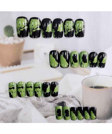 Tseenyi Long Coffin Press On Nails - Black & Green Shiny Full Cover Acrylic Fake Nails for Women & Girls | 24 Pcs Fashion Artificial Nails - Buy Online on GoSupps.com