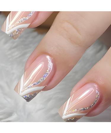24Pcs White Curve Line Press on Nails Medium Square Glossy Silver Glitter Curve Acrylic False Nails Sparkly Full Cover Fake Nails Gel Glue on Nails for Manicure Stick on Nails for Coquette Women Girls Style 3