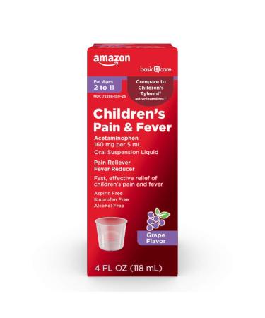 Amazon Basic Care Children's Pain and Fever, Acetaminophen 160 mg per 5 mL Oral Suspension, Grape Flavor, Pain Reliever and Fever Reducer for Headache, Sore Throat and Toothache, 4 Fluid Ounces