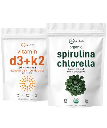 Micro Ingredients Organic Chlorella Spirulina 3000mg Tablets & Vitamin D3 5000iu + K2 100mcg Bundle 2 Pack | Cracked Cell Wall Rich in Vegan Protein & Chlorophyll | Essential Sunshine Vitamins