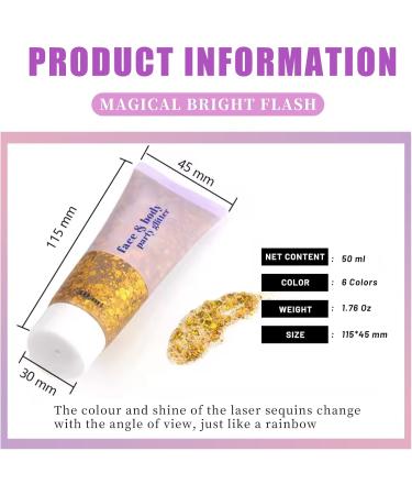  Beliky Girl Holographic Glitter Gel Body Face Liquid Eyeshadow Glitter Eye Shadow Large Mermaid Glitter for Face Hair and Nails (Gold 50ml) - Buy Online on GoSupps.com