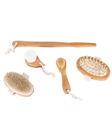 5 Pack Dry Brushing Body Brush Set Boar Bristle Body Brush Long Handle Body Brush Face Cleansing Brush for A Glowing Skin (Brown)