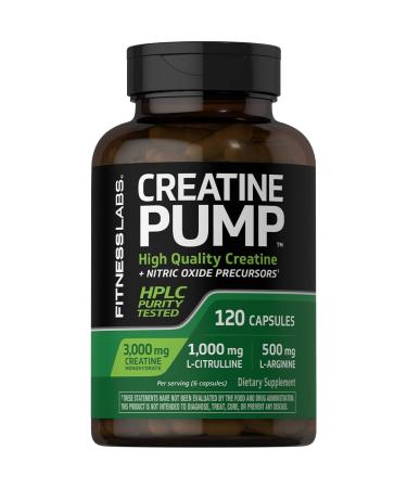 Fitness Labs Creatine Capsules | 120 Count | 3000mg | German Creatine Monohydrate | Creapure | Pump Supplement | Plus Nitric Oxide Precursor | HPLC Tested | Non-GMO