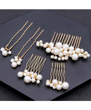 Prosy 5-Piece Bridal Wedding Pearl Hair Comb & Hairpins - Gold Bridal Hair Accessories for Women & Girls - Buy Online on GoSupps.com
