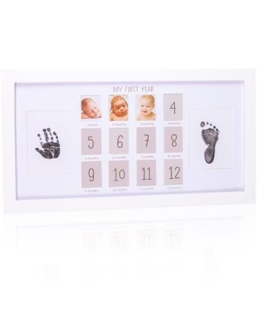 Hapinest My First Year Baby Handprint and Footprint Keepsake Monthly Picture Photo Frame - Neutral Nursery Wall Dcor Baby Shower Registry Gifts for New Moms and Dads