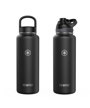 ICEWATER-40 oz, Auto Spout Lid + Wide Mouth Lid, Stainless Steel Water Bottle, BPA Free, Double Walled Vacuum, Lockable Lid, Leak Proof, Pop-up Top, One-handed Operation (40 oz, Black) 40 oz Black