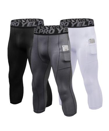 ABTIOYLLZ 3 Pack Men's 3/4 Compression Pants Athletic Leggings Running Capri Tights Pocket Cool Dry Gym Basketball Baselayer 3 Pack-black+white+grey#01 Medium