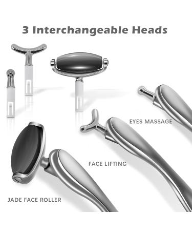 Jade Facial Roller - Rejuvenate Skin & Reduce Puffiness | 3 Interchangeable Heads for Women | Black & Silver Handle - Buy Online on GoSupps.com