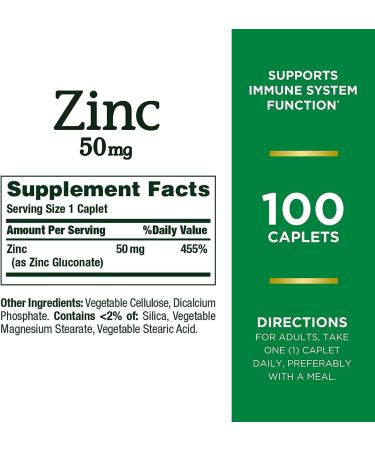 Nature's Bounty Zinc 50mg Caplets - Immune Support Supplement, 100 Ct - Buy Online on GoSupps.com