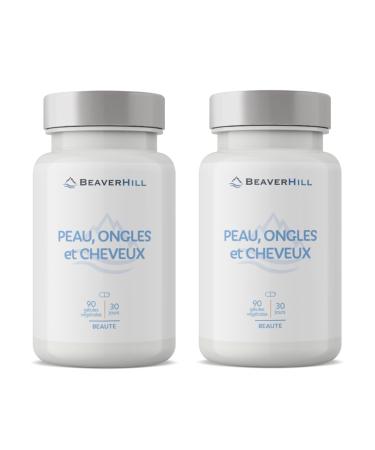 Pack x 2 | Skin, Nails and Hair | 180 Vegetable Capsules | 10 Active Ingredients | BEAVERHILL | Made in France | Skin Beauty - Reinforced Nails - Hair Growth and Density