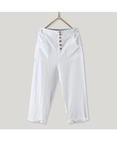 Mackneog Women's White Linen Cotton Crop Wide Leg Capris - Small | Casual Summer Pants - Buy Online on GoSupps.com
