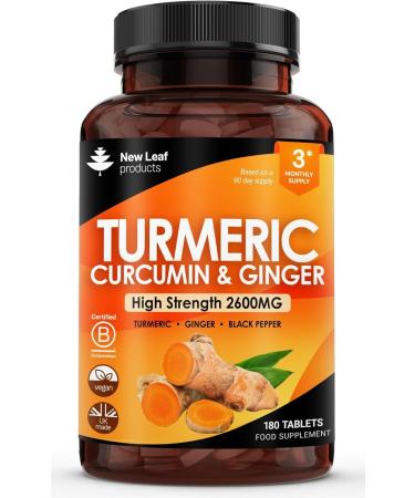 Turmeric Tablets 2600mg with Black Pepper & Ginger - 95% Curcumin Extract -180 Tablets (3 Months) High Strength Active Turmeric Supplements Not Turmeric Capsules by New Leaf