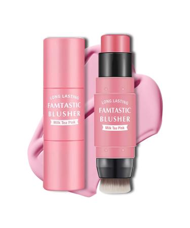 Cream Blush Stick with Brush Waterproof Blush Makeup Long Lasting 3 In 1 Cheek Blush & Lip Tint & Eye Shadow Makeup Stick Easy To Use Blends Effortlessly Cream Blush Makeup for All Skin Tones - Cherry Pink - Buy Online on GoSupps.com