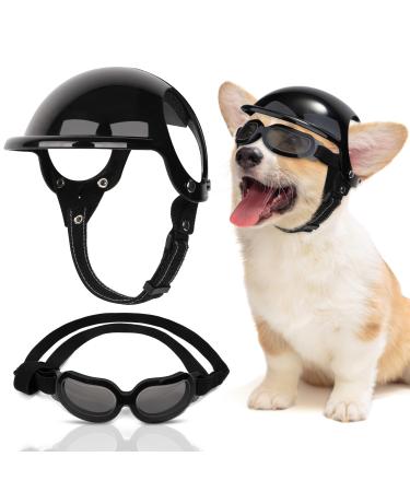 SlowTon Dog Helmet and Goggles for Small Dogs - UV Protection Doggy Sunglasses Dog Glasses Pet Motorcycle Helmet Hat with Ear Holes Adjustable Belt Safety Hat for Puppy Riding (Black, Small)