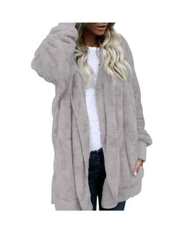 Fleece plush jacket fluffy warm zipper wool jacket ladies sweater fleece sweater long arm winter coat jacket thick warm bomber jacket fleece buffer coat with hooded winter coat plush jacket S gray
