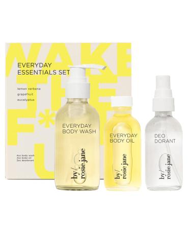 By Rosie Jane Everyday Essentials Kit - Wake + Create Self Care Set with Hydrating Body Wash Natural Deodorant Spray + Body Oil - Lemon Verbena Grapefruit + Eucalyptus Scent (3 Count)