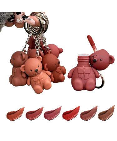 6Pcs Keychain Bear Lipsticks 2 in 1 Bear Keychain Velvet Matte Lipstick Lip Mud Set Waterproof Long Lasting No-Budge Clay Lip Mud Lip gloss Moisturizing Lip Stain Cute Bear Beauty Makeup (6 PCS)