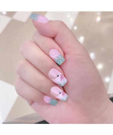 Acrylic Press On Nails False Nails Square Fake Nails with Glue Reusable Cute Press On Nails Gradient Flower Fake Nails with Designs Full Cover Medium Coffin - Buy Online on GoSupps.com