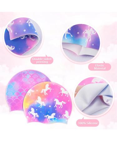 2 Pack Waterproof Silicone Swimming Caps for Girls - Purple Unicorn & Mermaid Design - Buy Online on GoSupps.com