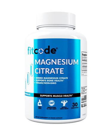 Fitcode Magnesium Citrate Capsules 400mg - Muscle and Bone Health Magnesium Supplement with Pure Magnesium Citrate for Muscle Relaxation & Bone Strength - 60 Veggie Magnesium Capsules for Heart Health