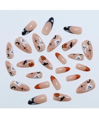 Buy Halloween French Tip Press on Nails - Medium Almond Glossy Nude with Pumpkin Ghost Bat Designs | 24Pcs Cute Spooky Stick on Nails for Women & Girls - Buy Online on GoSupps.com