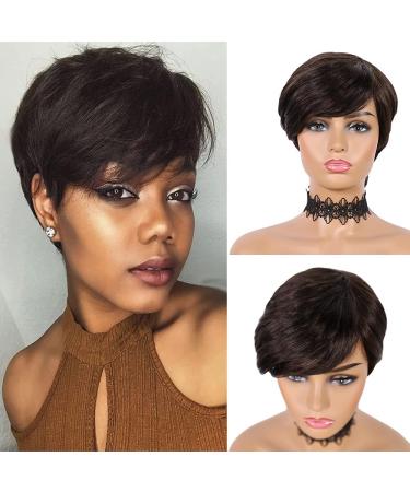 iShine Short Human Hair Wigs for Black Women, 6 inch Short Pixie Cut Wigs Side Bangs Wigs, Dark Brown No Lace Human Hair Wigs - (#2)