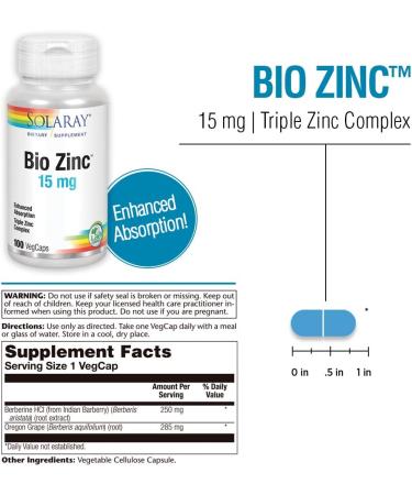 Solaray Bio Zinc 15 mg - 100 Vegan Capsules for Immune Support & Skin Health - Buy Online on GoSupps.com