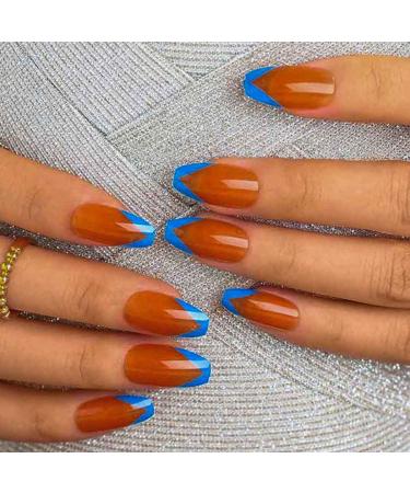 Sethexy French ballerina false fingernails shiny coffin false nails blue nails glue 24st acrylic art press on nail tips for women and girls