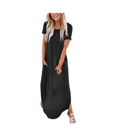 Women's Summer Maxi Split Dress Short Sleeve/Sleeveless Casual Loose Pockets Long Dresses B-black X-Large