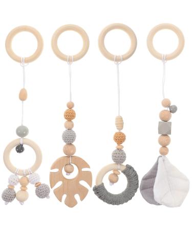Toddmomy 4Pcs Baby Crib Wooden Hanging Toys Wood Play Gym Toys Teething Rings Grasping Nursing Pendant Kids Car Seats Stroller Toys (Grey)