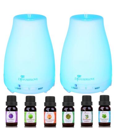 Diffuserlove 2 Pack 200ml Essential Oil Diffuser Ultrasonic Aromatherapy Diffuser with Waterless Auto Shut-Off Aroma Cool Mist Humidifiers with 6 Bottles of Natural Essential Oils /7 Color LED Lights
