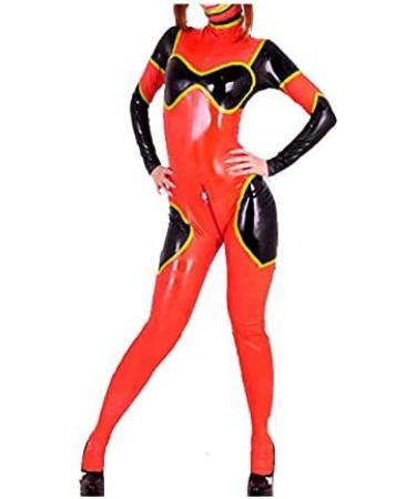 Latex Rubber Full Body Ladies Hip Jumpsuit Orange and Black Tights 0.4mm Red X-Small Red X-Small