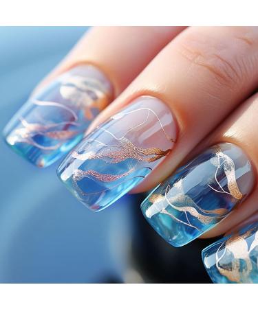 Medium Press on Nails Blue Fake Nails Square False Nails with Gold Foil and Sea Designs Glue on Nails Gradient Acrylic Nails Reusable Full Cover Artificial Nails for Women and Girls 24PCS PTzhon2