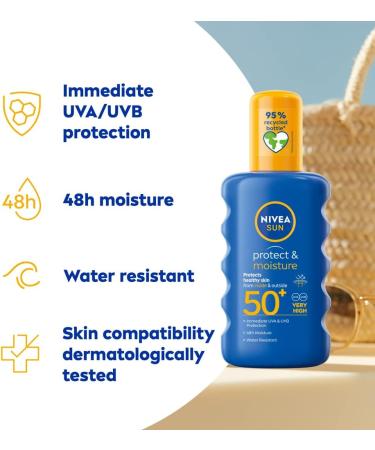 NIVEA SUN Protect & Moisture Sun Spray SPF 50+ (200ml) | Moisturising Suncream Spray | UVA & UVB Protection | 200ml - Buy Online on GoSupps.com