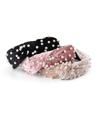 3 Pack Velvet Wide Headbands Knot Turban Headband Vintage Hairband with Faux Pearl Elastic Hair Hoops Fashion Hair Accessories for Women and Girls black+pink+beige