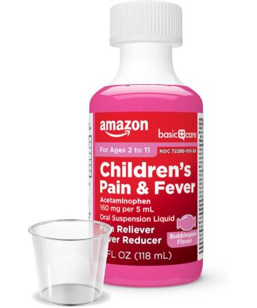 Amazon Basic Care Children's Pain Reliever Oral Suspension Liquid, Bubblegum Flavor, Acetaminophen 160 mg per 5 ml, Effective, Fever Reducer for Age 2-11 Years, Red, 4 fl oz (Pack of 1) Bubblegum 4 Fl Oz (Pack of 1) - Buy Online on GoSupps.com