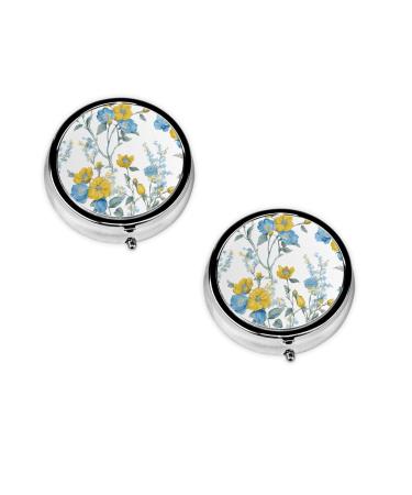 Blue Flower Floral Pattern Roses Print Printed Mini Round Pill Box Pill Box 3 Compartment Medicine Pill Case Pill Organizer Travel Pillbox Portable Pill Box for Pocket Home Office Use