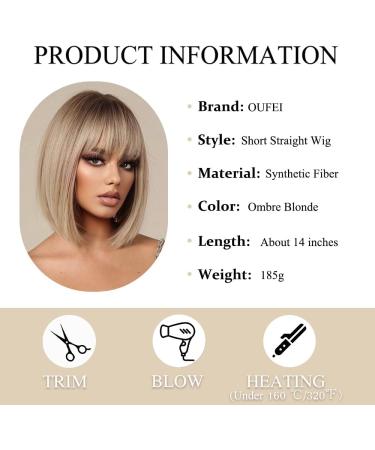 OUFEI Ombre Blonde Bob Wig with Bangs - Short Straight Synthetic Hair Wig for Women - Ideal for Daily Wear, Parties, and Cosplay - Buy Online on GoSupps.com