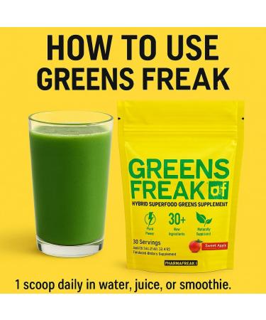 Pharmafreak Greens Freak Superfood Greens Powder 30+ Organic Greens Spirulina & Chlorella for Gut Health Digestion Immunity & Daily Energy Caffeine-Free Vegan 30 Servings Sweet Apple - Buy Online on GoSupps.com