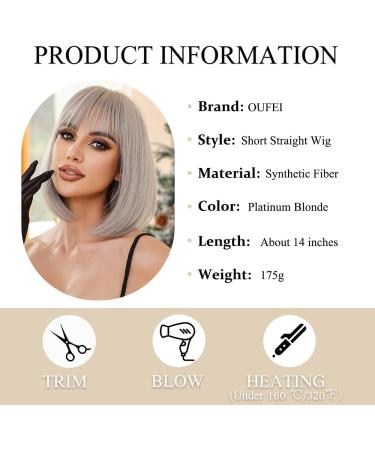 OUFEI Platinum Blonde Bob Wig with Bangs - Short Straight Synthetic Hair Wig for Women - Ideal for Daily Wear, Parties, and Cosplay - Platinum Blonde (1117-1) - Buy Online on GoSupps.com