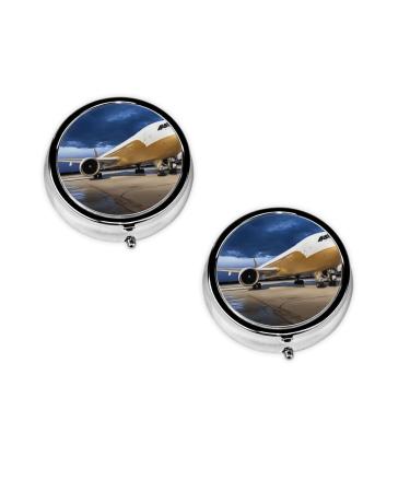 (Airplane in The Evening Light) Round Pill Box 3 Compartment Pill Box Mini Decorative Pocket Purse Portable Travel Medicine Tablet Vitamin Holder Organizer Pill Case